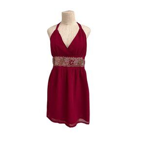 Charlotte Russe Red Halter Dress With Beaded Embellished Waist Smocked Back Size